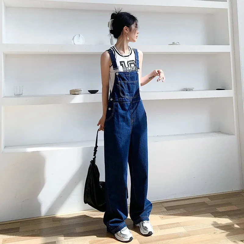 Y2k Retro Dark Blue Overalls Jeans for Women's Korean Fashion Denim Romper Jumpsuit Summer Loose Size High Street Baggy Trousers