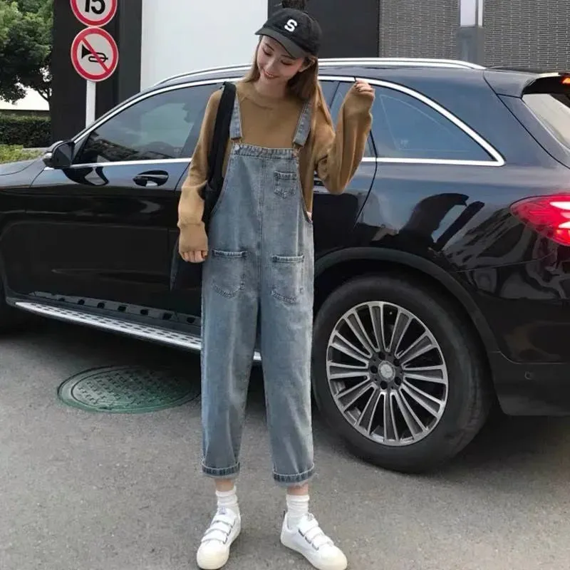 Y2k Retro Dark Blue Overalls Jeans for Women's Korean Fashion Denim Romper Jumpsuit Summer Loose Size High Street Baggy Trousers