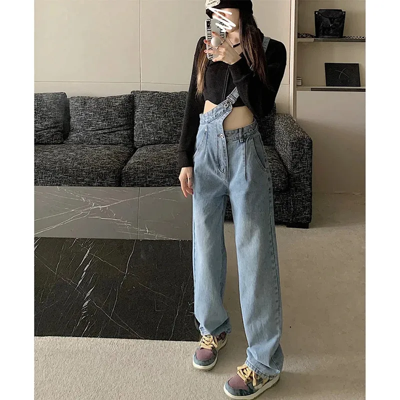 Y2k Retro Dark Blue Overalls Jeans for Women's Korean Fashion Denim Romper Jumpsuit Summer Loose Size High Street Baggy Trousers