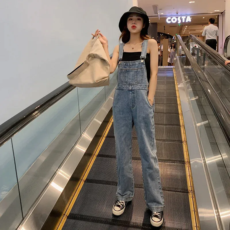 Y2k Retro Dark Blue Overalls Jeans for Women's Korean Fashion Denim Romper Jumpsuit Summer Loose Size High Street Baggy Trousers