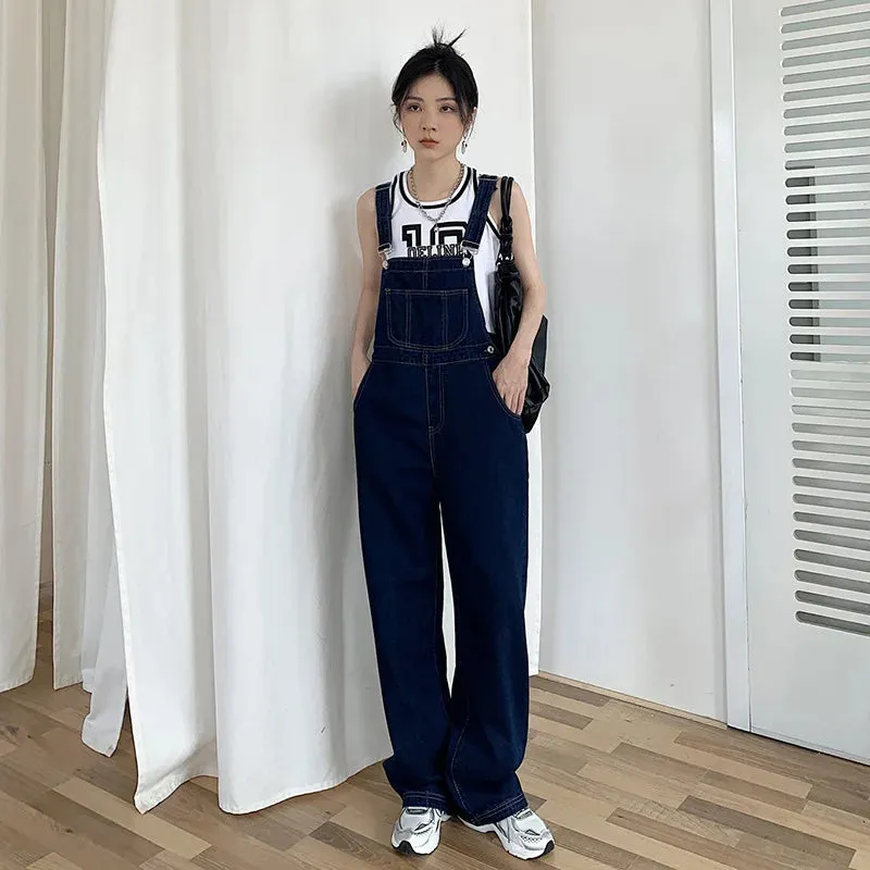 Y2k Retro Dark Blue Overalls Jeans for Women's Korean Fashion Denim Romper Jumpsuit Summer Loose Size High Street Baggy Trousers