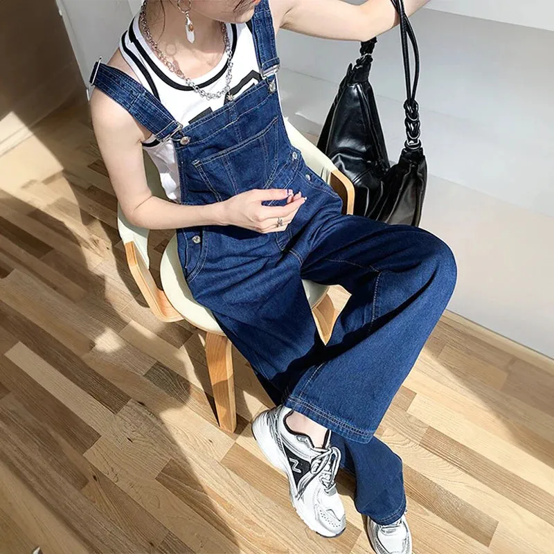 Y2k Retro Dark Blue Overalls Jeans for Women's Korean Fashion Denim Romper Jumpsuit Summer Loose Size High Street Baggy Trousers