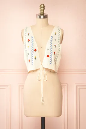 Zaraiah | Cream Knit Vest w/ Floral Embroidery