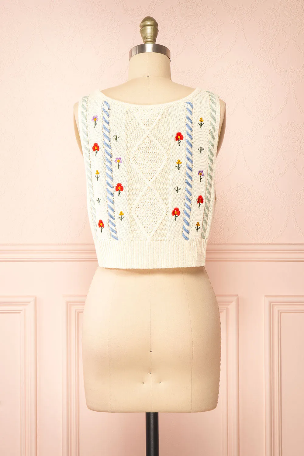 Zaraiah | Cream Knit Vest w/ Floral Embroidery